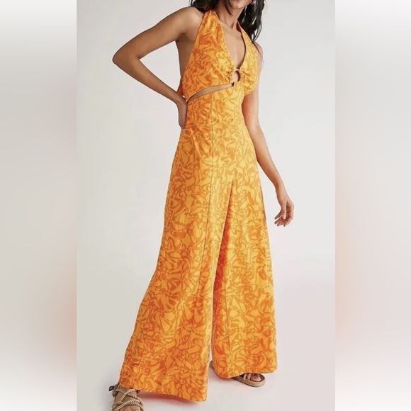 Free People Pants - Free People Kira Orange Printed O-Ring Wide Leg Halter Neck Jumpsuit